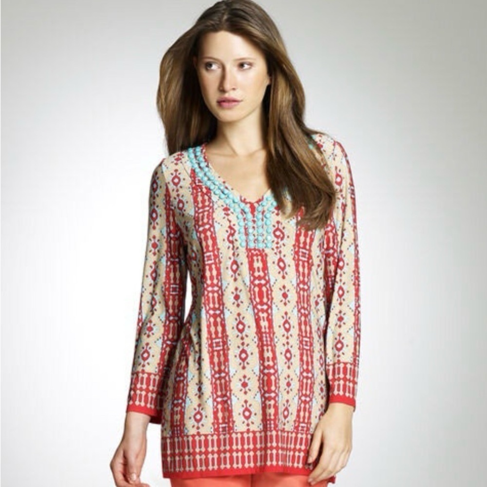 Jones New York beaded front knit top printed petite S V-neck red beige stretchy